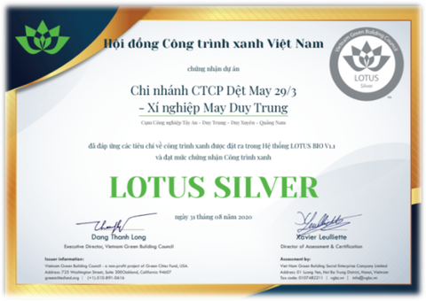 DUY TRUNG GARMENT FACTORY WAS AWARDED LOTUS SILVER CERTIFICATION OF INDUSTRIAL BUILDING