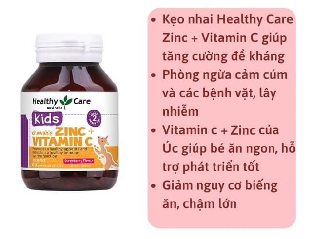 Viên kẹo bổ sung kẽm cho bé Healthy Care Kids ZinC + Vitamin C 60 viên Úc