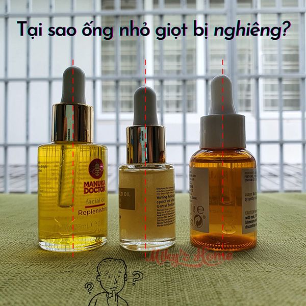 Tại sao ống nhỏ giọt trong chai dầu dưỡng da hay chai serum bị nghiêng?