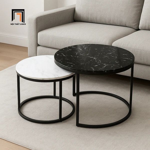 cặp bàn trà mặt đá trắng đen, cặp 2 bàn sofa xinh xắn cho căn hộ chung cư