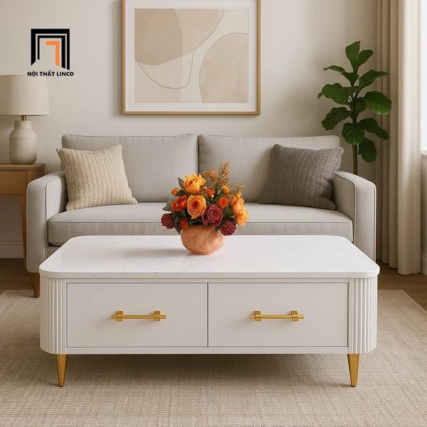 bàn trà mặt đá trắng cao cấp, bàn sofa 1m x 50 kiểu dáng sang trọng cho shop tiệm