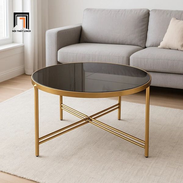 bàn sofa mặt kính đen giá rẻ, bàn trà 60cm khung chân sắt vàng xinh xắn