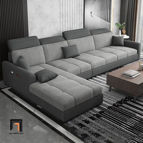 sofa góc l, bộ ghế sofa góc vải nỉ, sofa góc 2m8 x 1m75 gối kê đầu gật gù, sofa góc gia đình giá rẻ