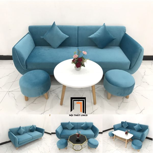 bộ ghế sofa băng màu xanh dương vải nhung, ghế sofa băng nhỏ gọn dài 1m9 cho căn hộ đẹp