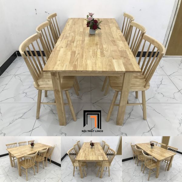 set bàn ghế ăn 6 chỗ ngồi gỗ cao su xinh xắn, bộ bàn ghế ăn phòng bếp lớn