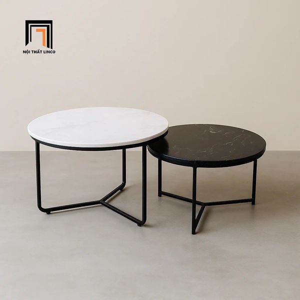 cặp bàn sofa mặt đá đen trắng giá rẻ, cặp 2 bàn sofa gia đình xinh xắn