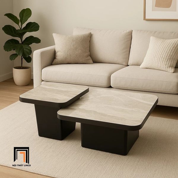 cặp bàn sofa phòng khách hiện đại, cặp 2 bàn trà mặt đá vuông sang trọng