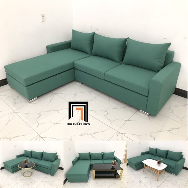 ghế sofa góc l 2m2 x 1m6 màu xanh ngọc, sofa góc gia đình nhỏ gọn, ghế sofa góc giá rẻ xinh xắn