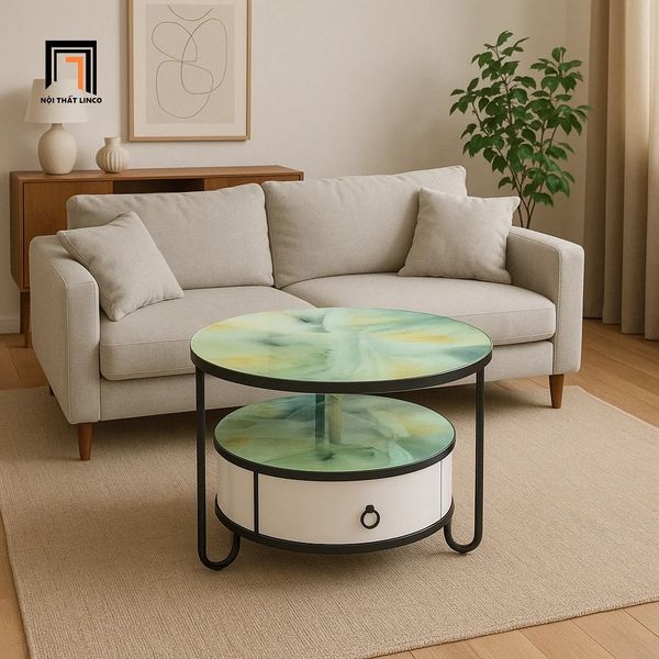 bàn trà phòng khách nhỏ gọn, bàn sofa mặt kính giả đá 2 tầng