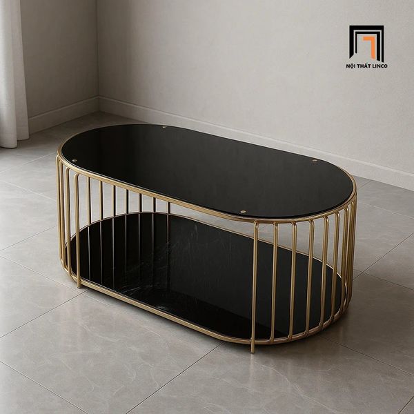 bàn trà oval mặt kính đen 2 tầng, bàn sofa phòng khách đẹp 1m x 50