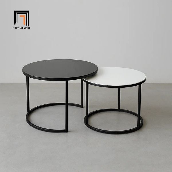 cặp bàn trà hình tròn mặt kính đen trắng, cặp bàn sofa phòng khách giá rẻ