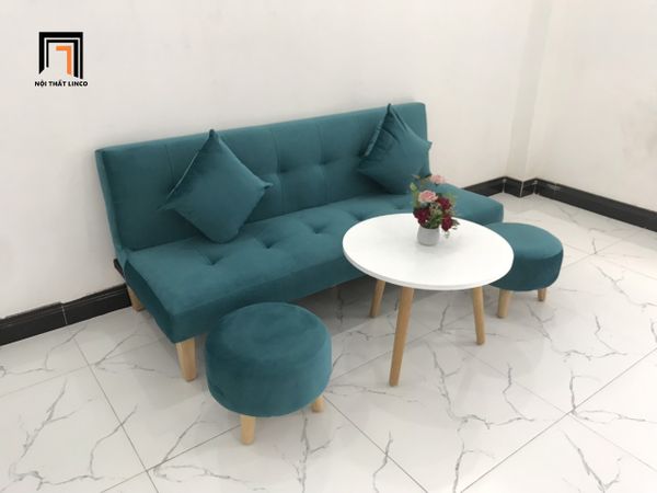 bộ bàn ghế sofa giường xanh lá, sofa giường vải nhung màu xanh lá cây dài 1m7, bộ ghế sofa bed nhỏ gọn