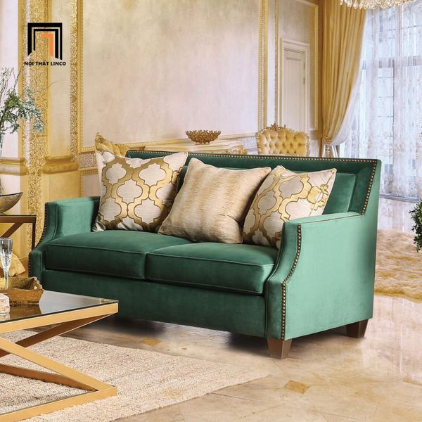 bộ ghế sofa phòng khách sang trọng, combo 2 ghế sofa gia đình cao cấp vải nhung xanh lá