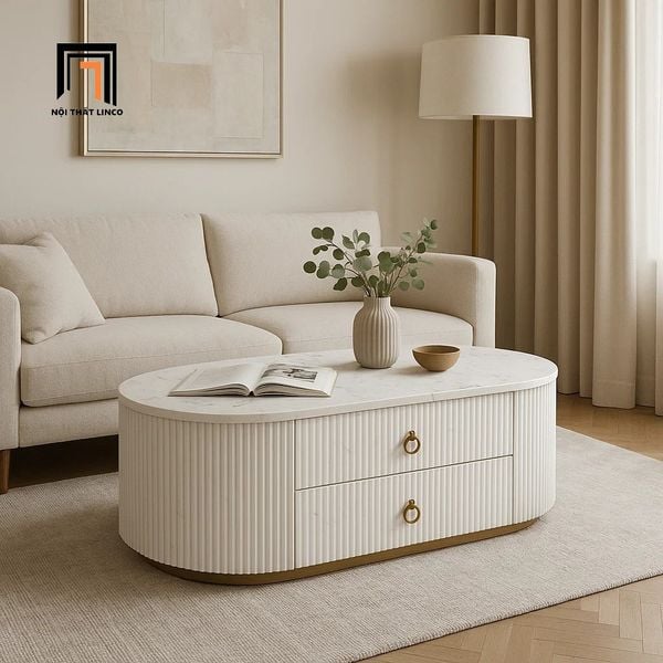 bàn trà mặt đá oval cho phòng khách, bàn sofa phòng khách hộc kéo 2 tầng sang trọng
