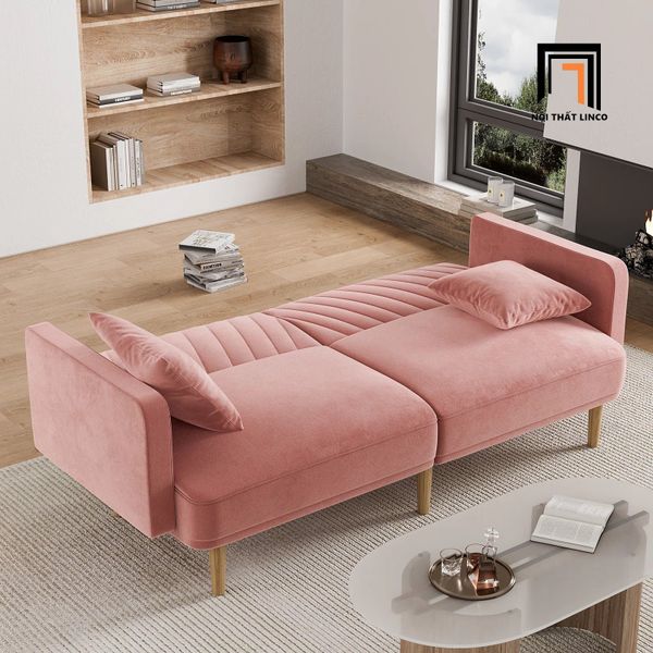 ghế sofa giường màu hồng phấn vải nhung, sofa băng giường nằm dài 2m sang trọng, sofa giường giá rẻ