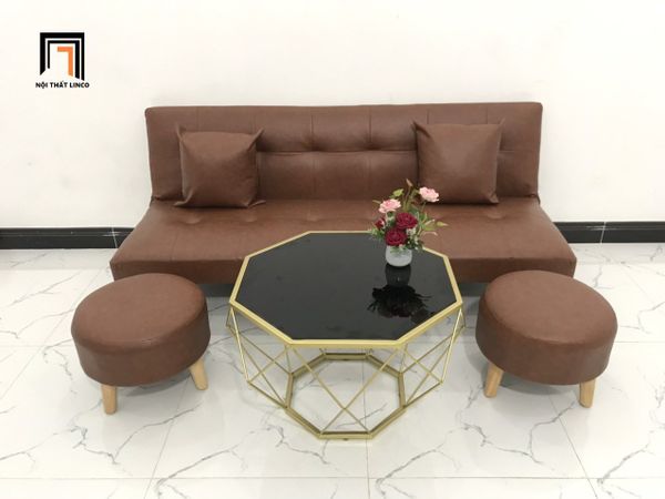 ghế sofa giường giá rẻ dài 1m7, sofa bed bọc da giả màu nâu, ghế sofa cho phòng ngủ nhỏ gọn