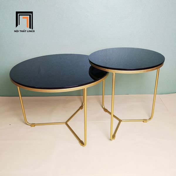 cặp bàn trà phòng khách mặt kính đen, cặp 2 bàn sofa gia đình khung sắt vàng