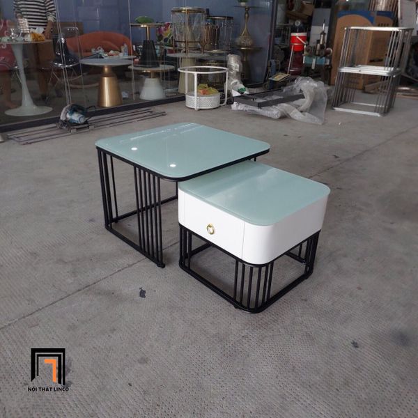 cặp bàn trà phòng khách gia đình mặt kính vuông, bàn sofa cho nhà nhỏ