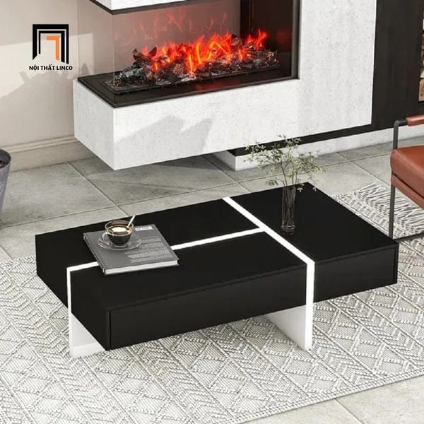 bàn sofa phòng khách chữ nhật ván gỗ đen trắng, bàn sofa 1m1 x 55 hiện đại