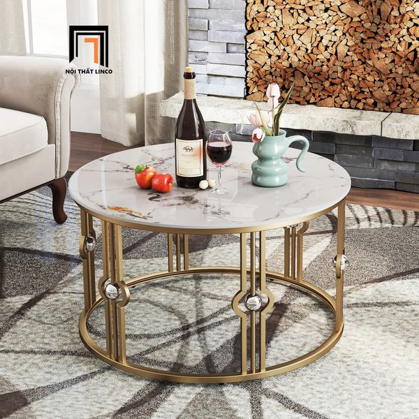 bàn sofa mặt đá tròn khung chân sắt, bàn trà mặt 60cm cho gia đình nhỏ