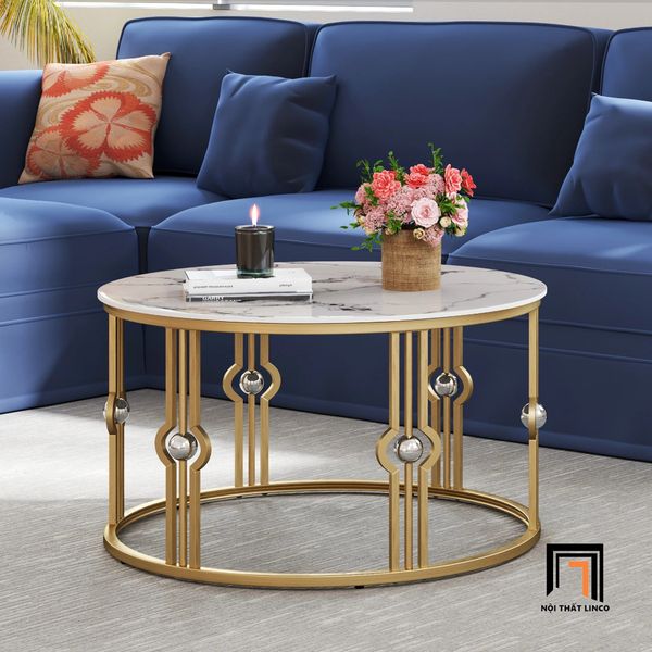 bàn sofa mặt đá tròn khung chân sắt, bàn trà mặt 60cm cho gia đình nhỏ
