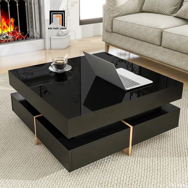 bàn sofa phòng khách sơn đen bóng, bàn trà 2 hộc kéo hiện đại