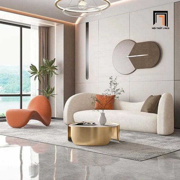 bộ ghế sofa vải lông cừu xám trắng, set ghế cho shop tiệm sang trọng, ghế sofa băng cong xinh xắn