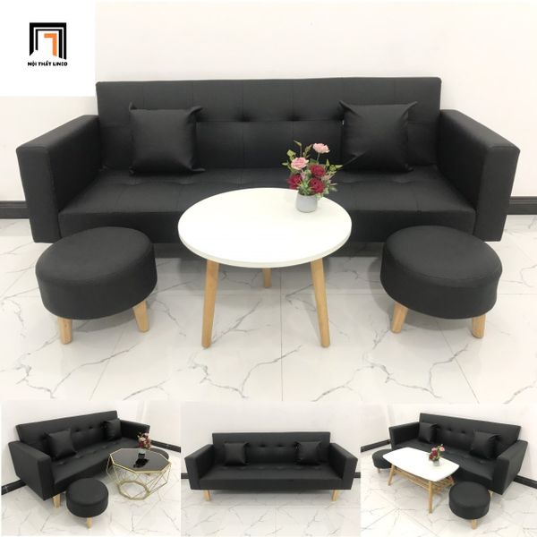 ghế sofa giường da công nghiệp màu đen, sofa băng giường nằm dài 2m cho phòng nhỏ