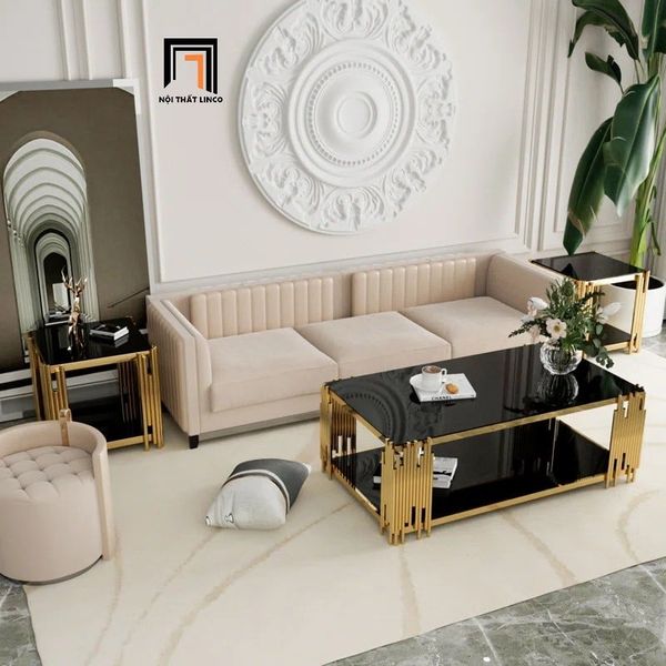 bàn sofa phòng khách mặt kính đen 2 tầng, bàn trà 1m x 50 kiểu dáng sang trọng