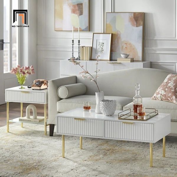 bàn sofa phòng khách kiểu dáng Âu Mỹ, bàn trà gia đình ván gỗ sơn trắng 1m