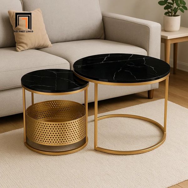cặp bàn tròn mặt đá khung sắt vàng đồng, cặp 2 bàn sofa phòng khách nhỏ gọn