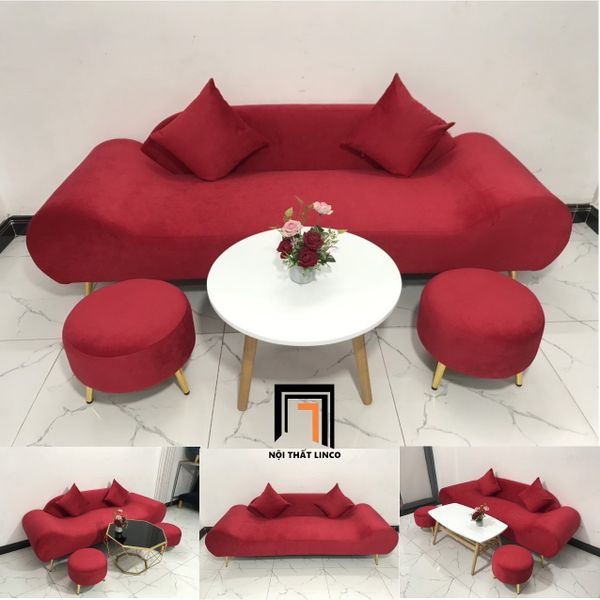 bộ ghế sofa văng thuyền đỏ đô vải nhung, ghế sofa thuyền nhỏ cho căn hộ chung cư dài 2m