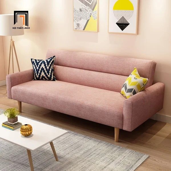 sofa giường, ghế sofa bed, futon, sofa giường dài 1m8, sofa giường phòng nhỏ màu hồng phấn vải nỉ