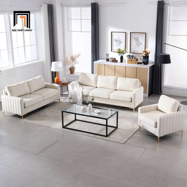bộ ghế sofa phòng khách vải nhung trắng kem, set ghế sofa sang trọng