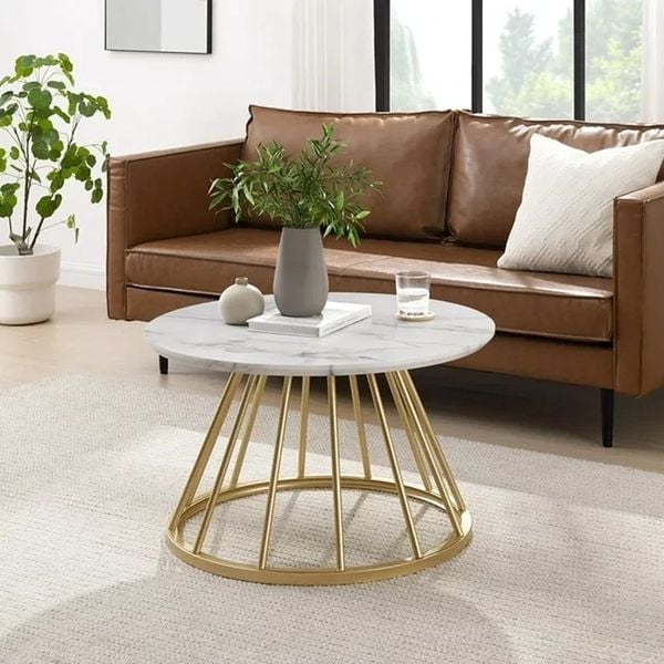 bàn trà mặt đá tròn 60 sang trọng, bàn sofa phòng khách khung chân sắt vàng