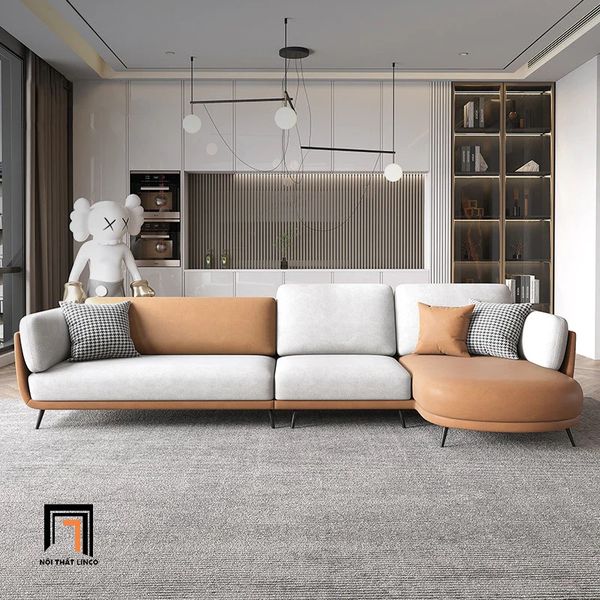 bộ ghế sofa góc l da pu phối màu, ghế sofa góc 3m x 1m6 cho không gian lớn, sofa góc nệm bo cong chân inox