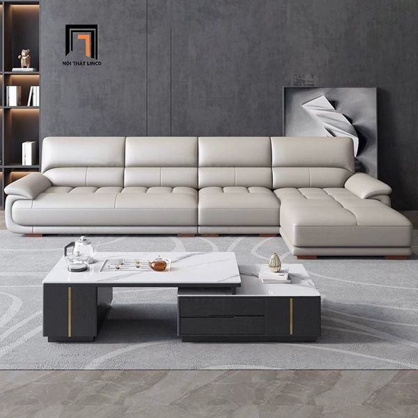 bộ ghế sofa góc chữ L da giả xám trắng, sofa góc L 3m x 1m6 phòng khách cao cấp