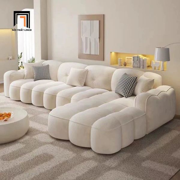 sofa góc L nệm chia múi đẹp, bộ ghế sofa góc 3m05 x 1m7 vải nhung xinh xắn