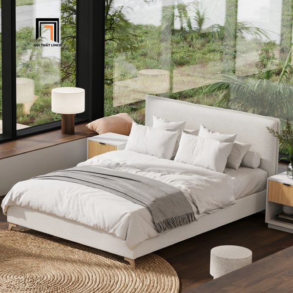 giường ngủ vải nỉ xám trắng, giường ngủ giá rẻ 1m6 x 2m, giường ngủ bọc vải