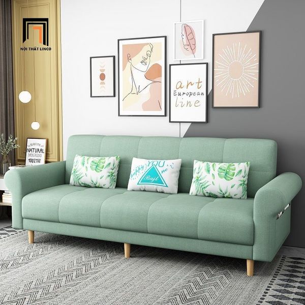 ghế sofa giường nằm tay kiểu cong, sofa giường dài 2m1 bọc nỉ màu xanh lá