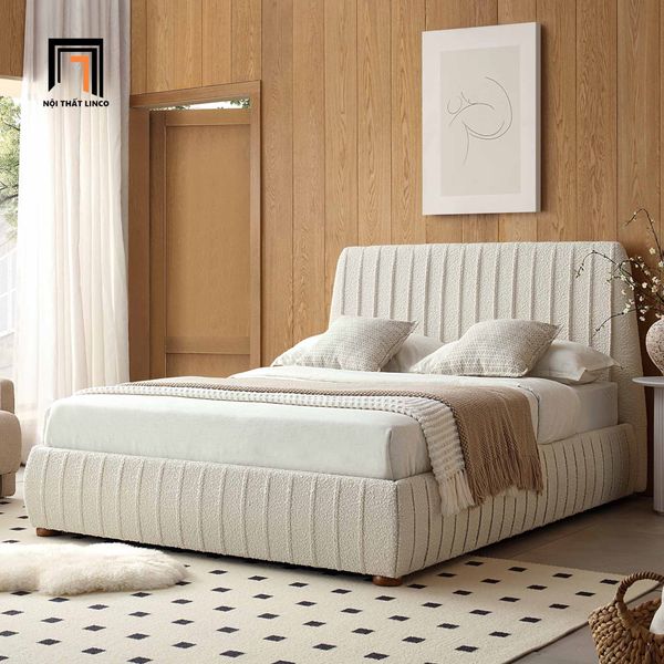 giường ngủ xinh xắn giá rẻ, giường ngủ âu mỹ vải lông cừu màu xám trắng