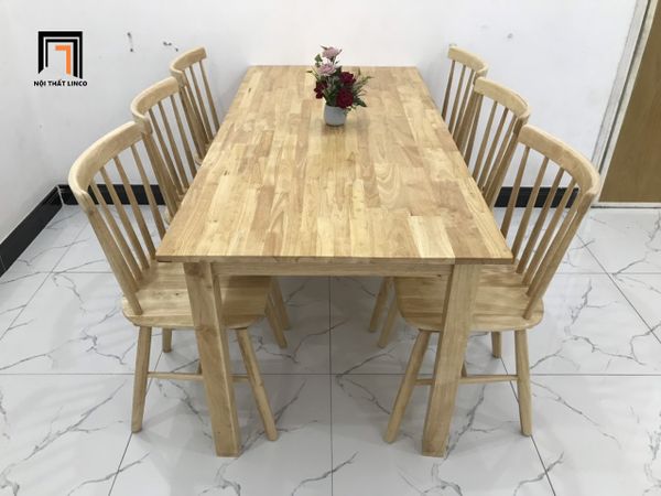 set bàn ghế ăn 6 chỗ ngồi gỗ cao su xinh xắn, bộ bàn ghế ăn phòng bếp lớn