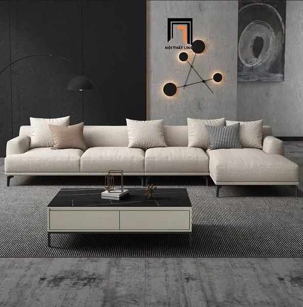 bộ ghế sofa góc, sofa chữ l, sofa góc 2m4 x 1m6 màu trắng kem, sofa góc cho phòng khách giá rẻ