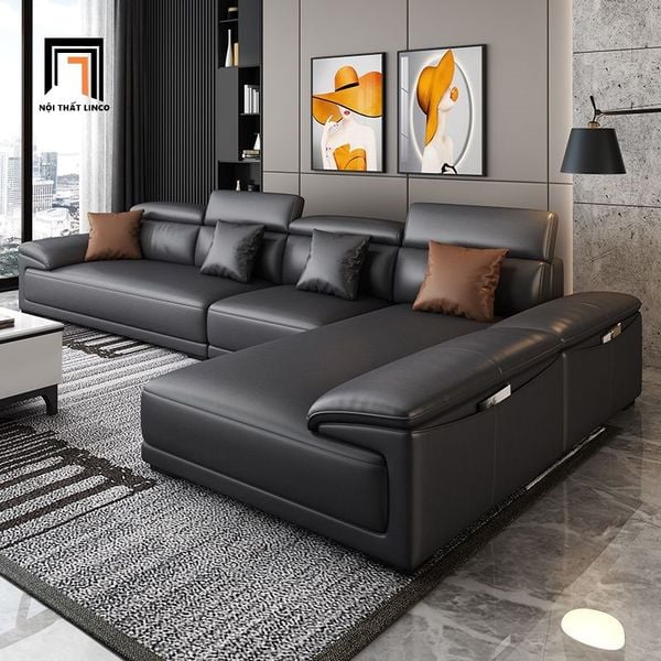 ghế sofa góc L 2m6 x 1m8 da giả màu đen, sofa góc chữ l phòng khách sang trọng