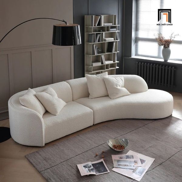 sofa băng, sofa văng, sofa băng vải lông cừu, sofa băng màu trắng kem, sofa băng dài 2m8, ghế sofa cho shop tiệm