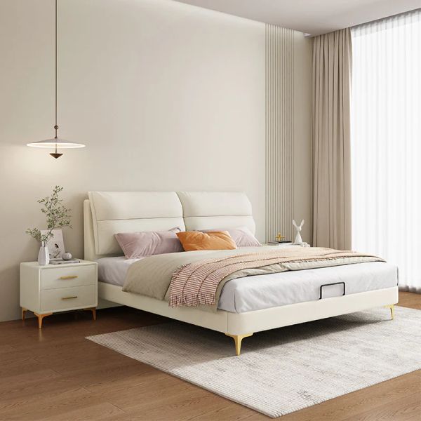 giường ngủ giá rẻ, giường 1m6 x 2m, giường ngủ vải nỉ màu kem, giường ngủ kiểu dáng trẻ trung