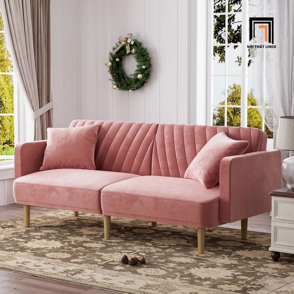 ghế sofa giường màu hồng phấn vải nhung, sofa băng giường nằm dài 2m sang trọng, sofa giường giá rẻ