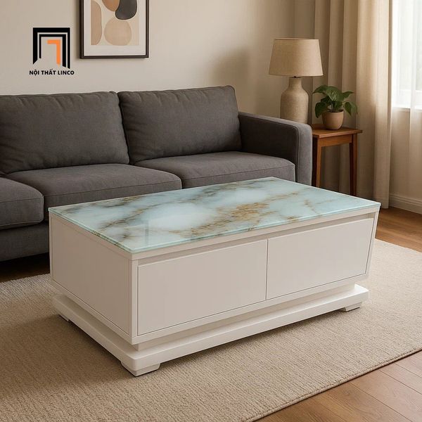 bàn sofa phòng khách sang trọng, bàn trà 1m x 50 mặt kính giả đá, bàn sofa 2 hộc kéo trắng