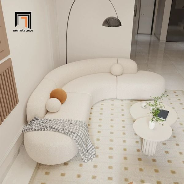 bộ ghế sofa góc L kiểu cong, set ghế sofa góc 2m5 x 2m1 bọc vải lông cừu trắng kem