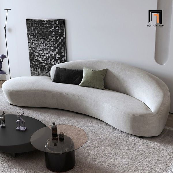 sofa băng, sofa văng, sofa băng cong, sofa băng dài 2m4, sofa băng vải nhung màu xám, sofa cho shop tiệm